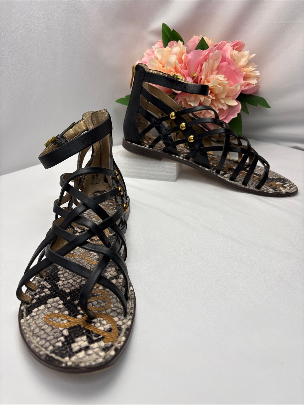 Sam Edelman Womens‎ 10 Black Gladiator Sandals with Snake-Print Footbed #445